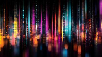 Abstract city skyline with vibrant colors and blurred lights, creating a futuristic and dynamic atmosphere. A digital cityscape. photo