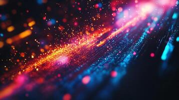 Dynamic streams of vibrant, energetic light and color illuminate the darkness, conveying a sense of movement and digital energy. photo