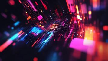 Abstract digital data streams flowing through a network, represented by colorful lights and geometric shapes against a dark background. photo