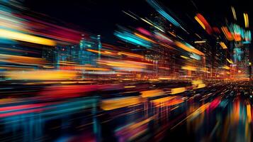 Vibrant city lights streak and blur, creating a dynamic, abstract cityscape at night with motion and illumination. photo