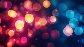 Abstract bokeh lights background with pink, red, and blue colors. The lights are blurred and out of focus, creating a soft and dreamy effect. photo