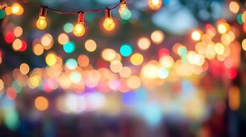 Festive atmosphere with string lights creating a warm, inviting glow and colorful bokeh in the background, perfect for celebrations. photo