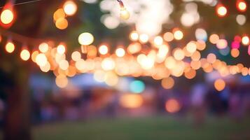 Warm, festive atmosphere created by string lights glowing in soft focus, perfect for celebrations or cozy gatherings in an outdoor setting. photo