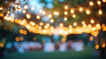 Atmospheric outdoor gathering enhanced by warm string lights, casting a soft, festive glow over the event space. photo