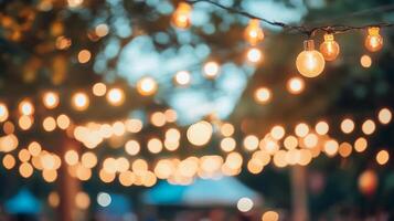 Outdoor lighting sets a warm ambiance. Festive string lights illuminate, casting a soft glow over an evening gathering. Soft focus atmosphere. photo