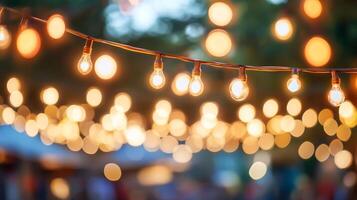 String lights create a warm and festive ambiance. Bokeh light points decorate the scene, adding a soft glow to the setting. photo