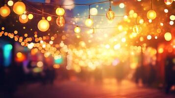 Ambient street scene with blurred background and string lights above, radiating a festive and inviting atmosphere in the city. photo