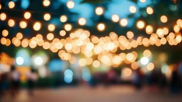 Blurred lights create a magical ambiance, casting a warm glow. Perfect for parties, celebrations, or creating a cozy atmosphere. photo