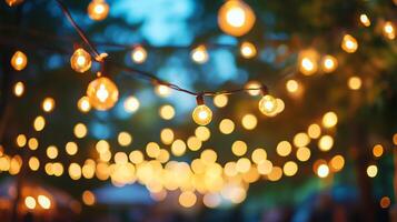 Warm string lights create a festive atmosphere, softly illuminating a gathering beneath a canopy of trees at dusk, casting a golden glow. photo