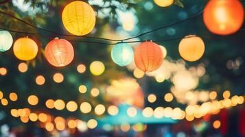 Outdoor celebration with glowing paper lanterns strung overhead, creating a festive and warm atmosphere in a garden setting. photo