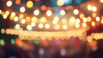 Warm and inviting string lights create a magical bokeh effect, perfect for setting a festive and celebratory atmosphere. Abstract background. photo