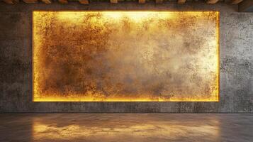 Illuminated textured wall with golden hues against a gray concrete backdrop, creating an atmospheric and contemporary space. photo