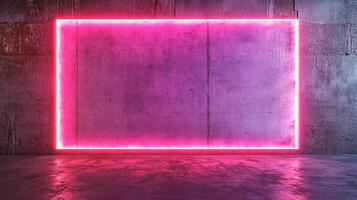 A glowing rectangle of pink light illuminates a concrete wall and floor, creating a modern and minimalist aesthetic with bold color and texture. photo