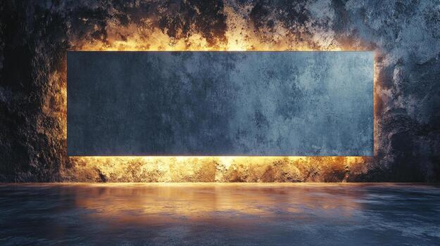 Abstract scene of a rectangular object embedded in a weathered wall, framed by warm light, reflected in a floor of same rough surface. photo