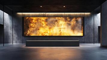 Minimalist gallery featuring a striking backlit artwork with a warm, abstract design against a textured concrete wall backdrop. photo