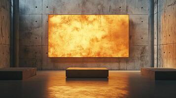 Modern art installation in a concrete gallery with a textured, lit panel, casting a warm glow on minimalistic platforms. Simple and striking. photo