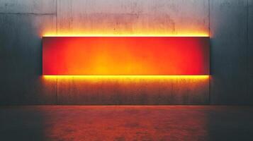 Abstract red and orange rectangle illuminated by yellow lights against a gray textured wall, casting reflection on floor. Interior design. photo