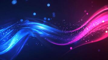 An eye-catching display of glowing waves in blue and pink, with radiant particles scattered across a dark backdrop, creating dynamic lighting. photo