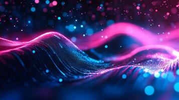 Abstract digital landscape with vibrant pink and blue glowing particles, creating a futuristic, technological feel with bokeh effects. photo