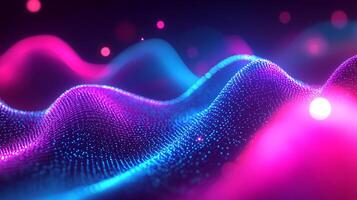 Abstract glowing waves with purple and blue hues create a mesmerizing digital landscape, blending technology and art in a vibrant display. photo