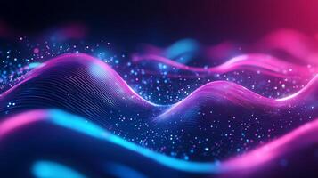Abstract wave pattern with blue and purple neon lights. Dynamic technology background with glittering particles and smooth flowing curves. photo