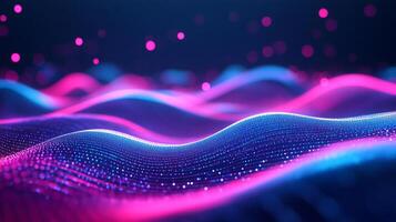 Abstract waves of digital particles flow in a vibrant, futuristic scene, highlighted by pink orbs against a deep blue background. photo