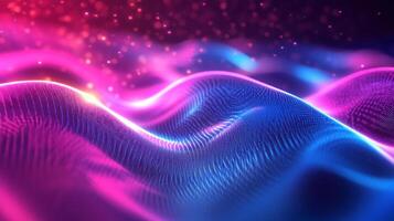 Abstract digital landscape with vibrant waves of pink and blue, highlighted by glittering light particles, creates a futuristic texture. photo