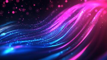 Abstract light trails flow in vibrant pink and blue hues, creating a dynamic and modern design with glowing particles in a dark background. photo
