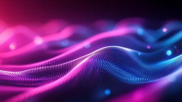 Abstract flowing wave of glittering particles illuminated with pink and blue light. Futuristic cyber design with vibrant colors and motion. photo