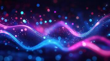 Abstract glowing data streams with vibrant waves of blue and pink light, surrounded by bokeh effects for a dynamic visual representation. photo