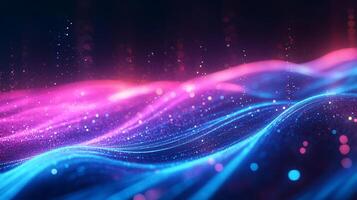 An abstract composition features flowing, undulating waves of light in vibrant pink and blue hues. The image evokes a sense of dynamism and energy. photo