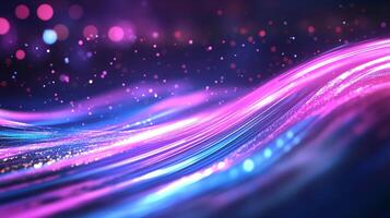 Vibrant light streams in neon hues of purple and blue create an abstract wave pattern with glowing particles. A colorful abstract design. photo