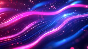 Vibrant, flowing lines of luminous particles cascade across a digital landscape, creating a mesmerizing visual effect. Pink and Blue abstract wave photo
