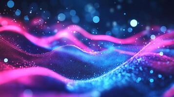 A vibrant, abstract background with flowing waves of pink and blue, accented by sparkling light particles. A colorful digital flow. photo