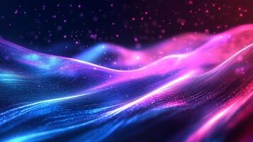 Waves of vibrant pink and blue light create a mesmerizing, futuristic landscape with sparkling particles. Dynamic abstract background. photo