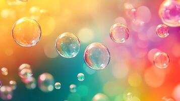 Floating iridescent bubbles suspended in the air, reflecting a spectrum of colors on a vibrant, blurred background. Ethereal and dreamlike. photo