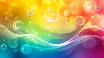 Rainbow-colored, dreamy, abstract artwork filled with bubbles, with a wave-like pattern running across and a multitude of colorful translucent spheres. photo