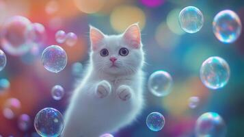 Cute white kitten surrounded by vibrant bubbles, creating a playful and magical atmosphere, perfect for whimsical art. photo