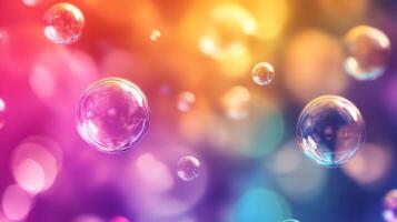 Dreamy bokeh background with transparent spheres floating in space. Abstract design with colorful lights and blurred background. photo