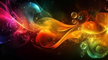 Vibrant abstract artwork showcasing colorful waves and orbs against a black background, creating a visually dynamic cosmic atmosphere. photo