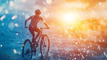 A cyclist rides through the ocean's waves during sunset, creating a serene and adventurous moment captured with bokeh lights. photo