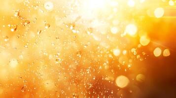 Golden light shimmering through a mist of droplets, creating a warm, ethereal glow perfect for abstract backgrounds or atmospheric effects. photo