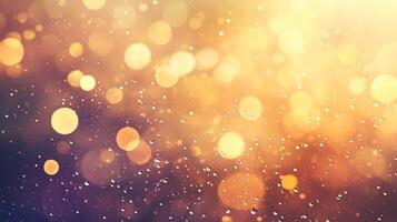 Abstract background with a soft gold and purple gradient, illuminated by bokeh lights and delicate water droplets, a gentle and calming feel. photo