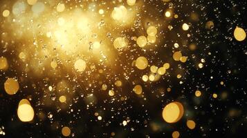 Abstract golden light, drops, and bokeh creating a magical and ethereal atmosphere. Evokes a sense of wonder, beauty, and sparkling elegance. photo