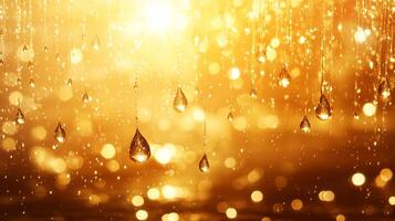 Golden water droplets suspended from above, backlit, creating a magical, shimmering effect with beautiful bokeh in the background. photo