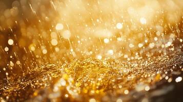 Golden rain cascades down, creating a shimmering spectacle. Water droplets illuminate the scene with a warm, inviting glow. Serene and captivating. photo