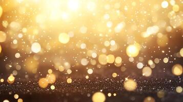 Golden lights bokeh over sparkling surface, creating a festive and magical background with a warm, inviting, celebratory atmosphere. photo