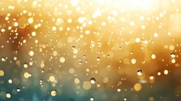 Golden bokeh and water droplets create a dreamy, shimmering abstract, with warm gold gradients and sparkling reflections. photo