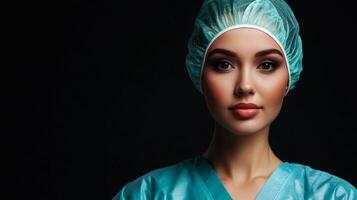 Focused female surgeon in sterile cap and surgical gown against a dark background. A symbol of medical care and expertise. photo