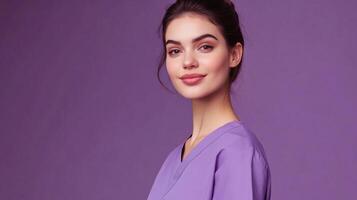 Young woman in scrubs. She looks kind and confident. Her hair is in a bun and the background is violet colored. Smiling softly. photo
